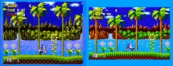 Sonic där originalet är till vänster och den hoptryckta PAL-versionen till höger