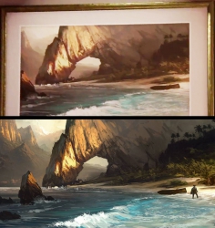 I topp, tavlan från trailern. i botten, konceptbilden från Assassin's Creed 4: Black Flag.